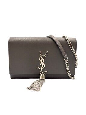 Saint Laurent Paris Kate Tassel Chain Wallet Shoulder Bag Leather Gray Silver